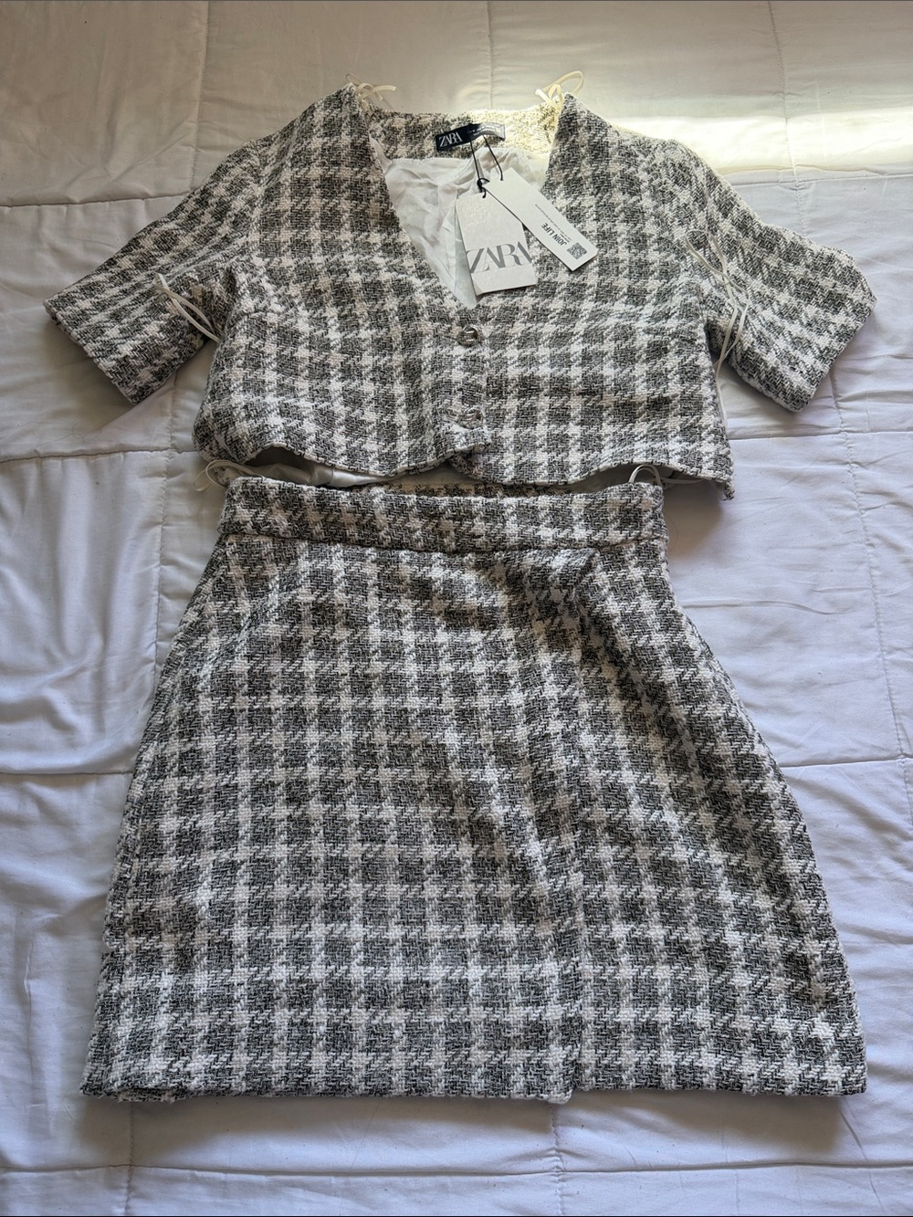 Zara Gray Houndstooth Tweed Skirt Set